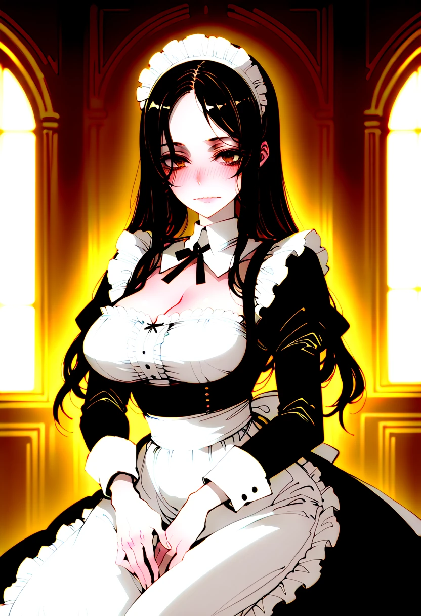 Drawing anime-style adults, Maid clothes, Bblack hair,Long Hair,Black bangs, Perfect hands, Perfect toes, Heart Pupil, With a vengeful eye