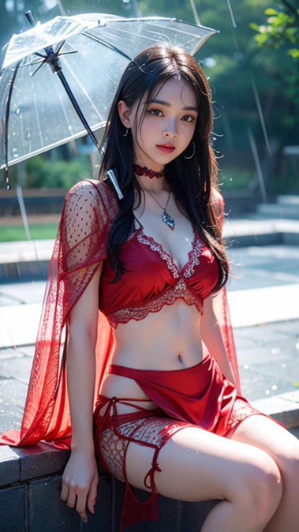((best quality)), ((masterpiece)), (detailed), 1 girl, good face, ultra long hair, red hair, impressive hairstyle, small breasts, (wet body:1.2), (red lace:1.5)), (detailed lace:1.5), (jewellery:1.5), disney castle background, (rainy weather:1.5), sitting,