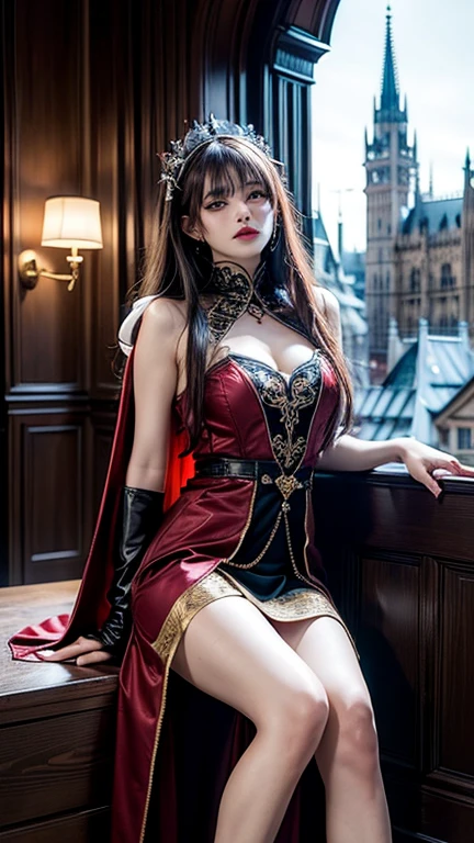 beautiful elf, black hair, bangs and pigtails, sexy red dress and boots