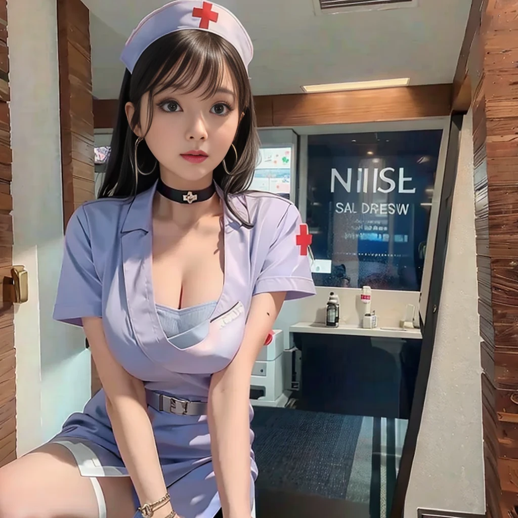 photo (RAW photo:1.2), (Reality:1.4), (Korean Idol), Korean, ((High heel)), beautiful, Glowing skin, Oily skin, White skin, Whiter skin, Long hair, full-body shot, Hands behind your back, Brown eyes, Brown hair, A faint smile, Looking at the audience, bedroom background,Pink lips, Lipstick on lips,faint blush, Open your mouth, Bigger eyes,Brown eyes, (bedroom), (((sexy nurse outfit))), ((tight nurse uniform)), ((The skirt is very short)), ((stockings)), (((full-body shot))), (((Standing by the bed))), (((Show cleavage)))