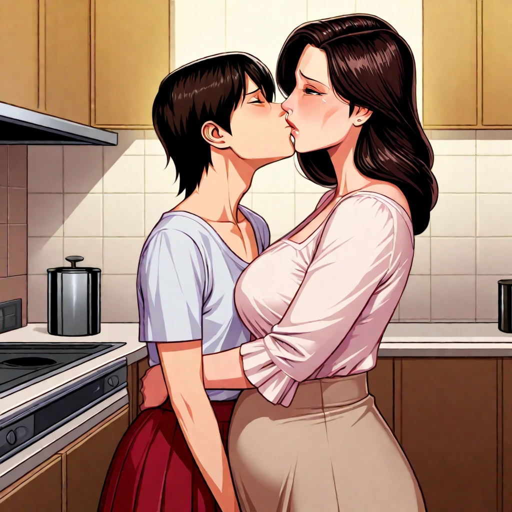 check_9, check_8_up, check_7_up, source_anime, 1 boy, 1 girl, mature woman, pubic black hair, Mother and son, , , kiss, having sex on the kitchen table, boy inserts ????? into woman&#39;s crotch.