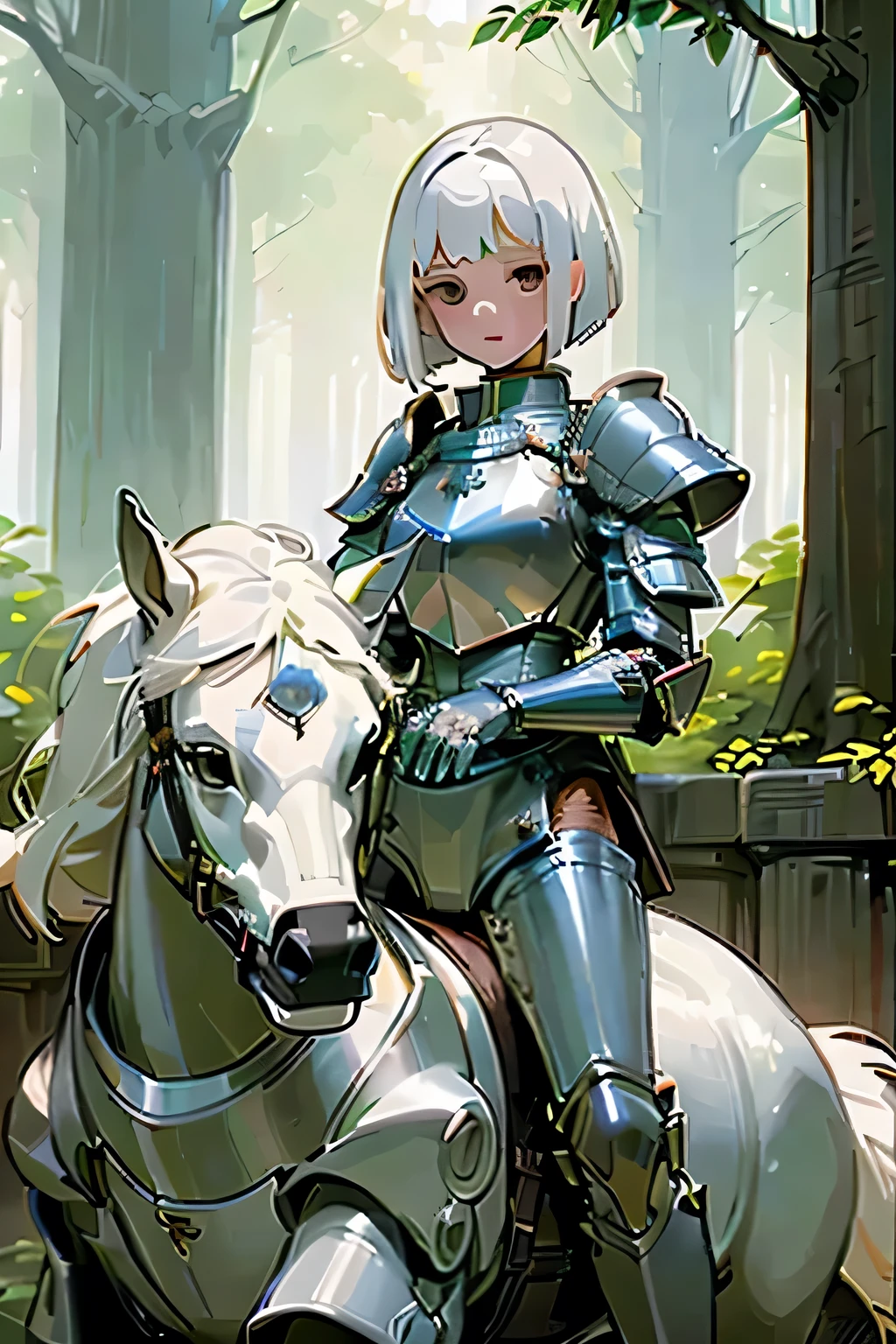 (((masterpiece))), (((best quality))), ((ultra-detailed)), (cinematic lighting), (illustration), (beautiful detailed eyes), (1girl), full body, knight, armour, light hair, sitting on robot horse, forest, best quality, expressive eyes, perfect face, Girl: (20s, white hair, short hair, bob cut, white shirt, armour, breastplate, white and grey jumpsuit, knee boots, black gloves)