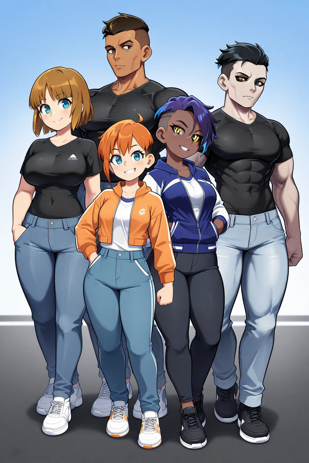 1girl, short orange hair, black-green eyes, tank top orange, blue shorts, black footwear, deep cleavage, large breasts, sunny day, realistic, glowing eyes, full body, navel, muscular girl, thigh, 18th years old, smile, sexy, navel piercing 