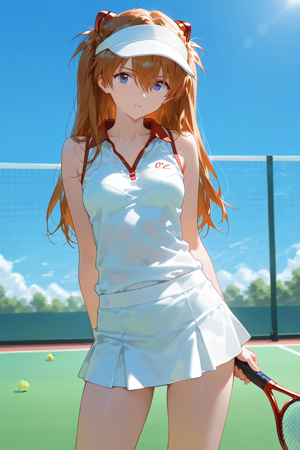 absurdres, highres,
BREAK
looking at viewer, cowboy shot, from front, from above
BREAK
(vivid-color:1.3)
BREAK
(one girl :1.3), (loli:1.2),red hair, blue eyes, tennis uniform, hairclip, earrings, jewelry, nm1, headphones around neck, tennis cosplay, (dark pleated super short skirt:1.4), (thighs:1.3), (Very pretty white panties:1.2), panty pose, skirt lift, show off panties, lifted by self,large breasts, (smile face:1.3), open mouth, (breast:1.3), ass, round eyes, (blowing in the wind:0.5), sweat around girl, dripping sweat, squall (wind:1.2), sense of speed, refreshing breeze, motion blur effect, wind, (no pants visible:1.4)
BREAK
background is (tennis court:1.3), (10,000 people spectators,:1.3), multiple people behind you, blue sky with clouds, outdoors, (magnificent panorama view:1.2), wind
BREAK
sunlight, magnificent view, rainbow in the sky, light particles, dynamic angle, dutch angle, perspective
BREAK
(daytime, sunbeam:1.2), depth of field, bokeh, light leaks, (chromatic aberration:1.2), noon
BREAK