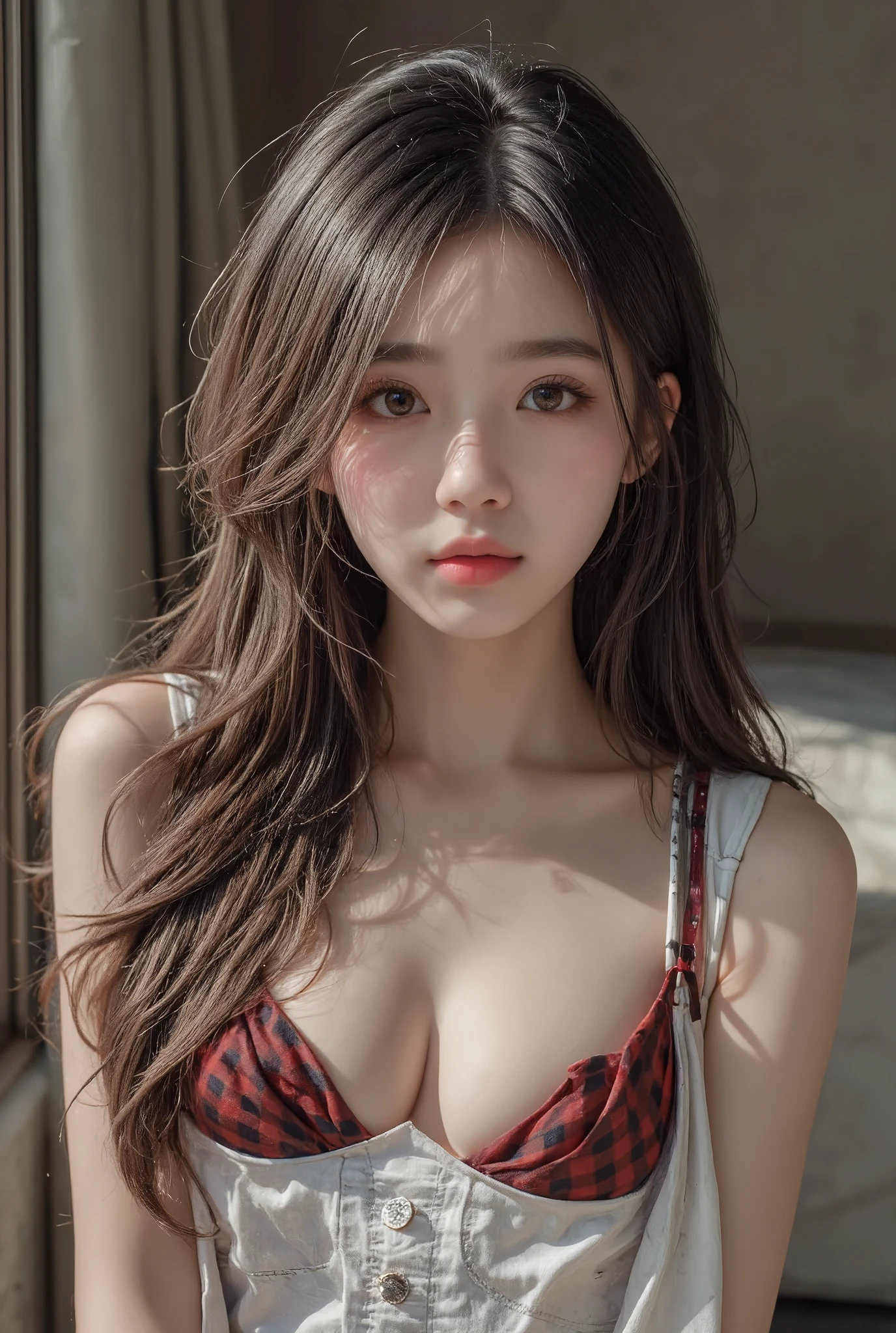 (realistic, photo-realistic:1.37), (8k, RAW photo, best quality, masterpiece:1.2), cute, ultra-detailed, physically-based rendering, ultra high res, in the morning, 18 years old girl, looking at viewer, photorealistic, realistic, solo, photorealistic, best quality, extremely detailed face, extremely detailed eyes and face, beautiful detailed eyes, haunting smile, ((complete closed mouth)), Messy wavy hair, floating golden hair, slender, slender arms, big breasts, Wearing a super delicate and sexy little black lace bra and sexy little black lace thong, Nipple protrusion, pink bumps, Pull Panties, Nipple protrusion, pink bumps, Camel toe bump