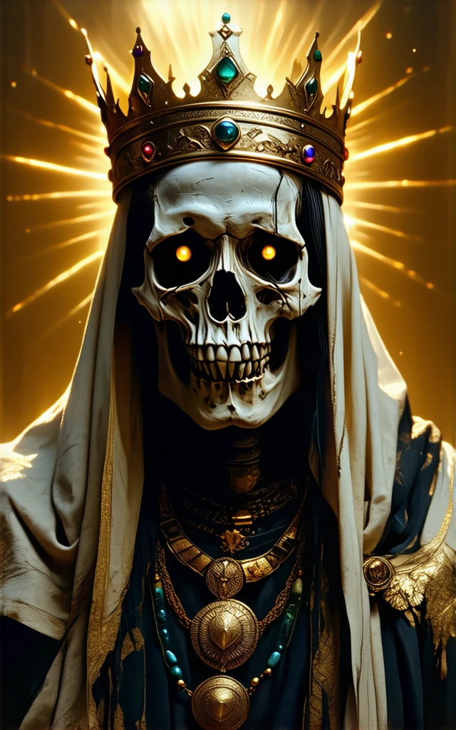 a waist up skull faced portrait of an evil demented CHV3CZombie, CHV3CReaper style zombie priest of death adorned in ornate royal black robes and a Papal tiara at a sinister crypt altar, candles, and roses, high resolution, award-winning picture in the style of the diablo video game franchise, centered, perfect composition, Professional, masterpiece, commissioned, best quality, Color Corrected, fixed in post, emended, ameliorated, idyllic