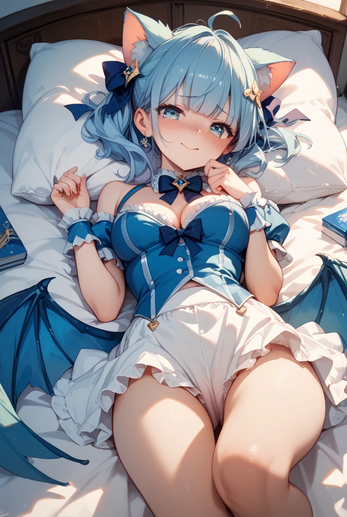 Remilia toho character, (solo), (standing on deck of mansion:1.1), a full moon, BREAK, collarbone, large perky breasts, cleavage, (inconceivably thin waist), (very short thin torso:1.2), very long thin legs, thigh gap, BREAK, white dress with (plunging neckline), (brown wiry corset cinches waist too tight:1.3), too short white miniskirt, (light blue thighhighs), BREAK, nose blush