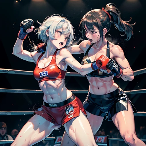 Two injured Japanese female heavyweight kickboxers boxing hard in the ring。Dynamic punch exchange。Murderous intent。Very intense battle。Sweating a lot。One eye closed, out of breath。Drooling。Boxing gloves。Erect nippleuscular。Six Pack Abs。Very thick arms and thighs。Super big breasts。Sports Grains。High leg shorts。Kini。