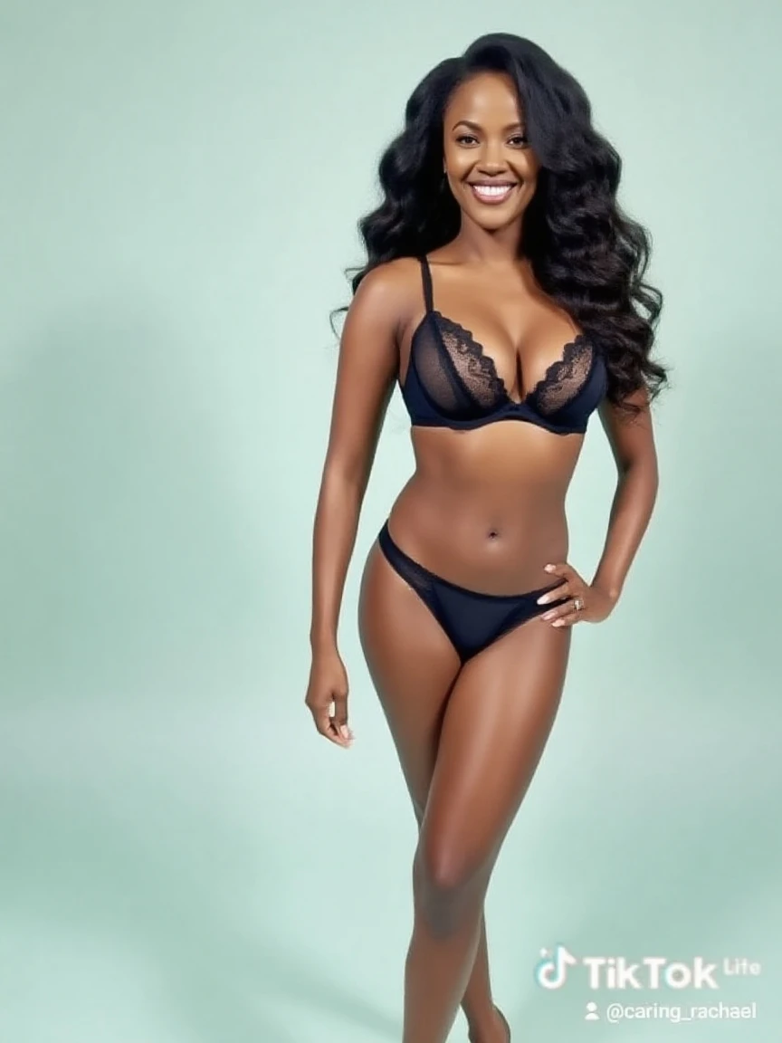 best quality, ultra-detailed, hyper realistic, 8k, full body shot, 23 years old, Nigerian beautiful girl, round shaped face, dark black skin, highly detailed skin with blemishes, ebony, dark natural afro hair, fit athletic figure, full body, big E cup breasts, wide hips, wearing sexy black lingerie, smiling, provocative expression, sexy alluring pose, realistic shinny skin, in the kitchen
