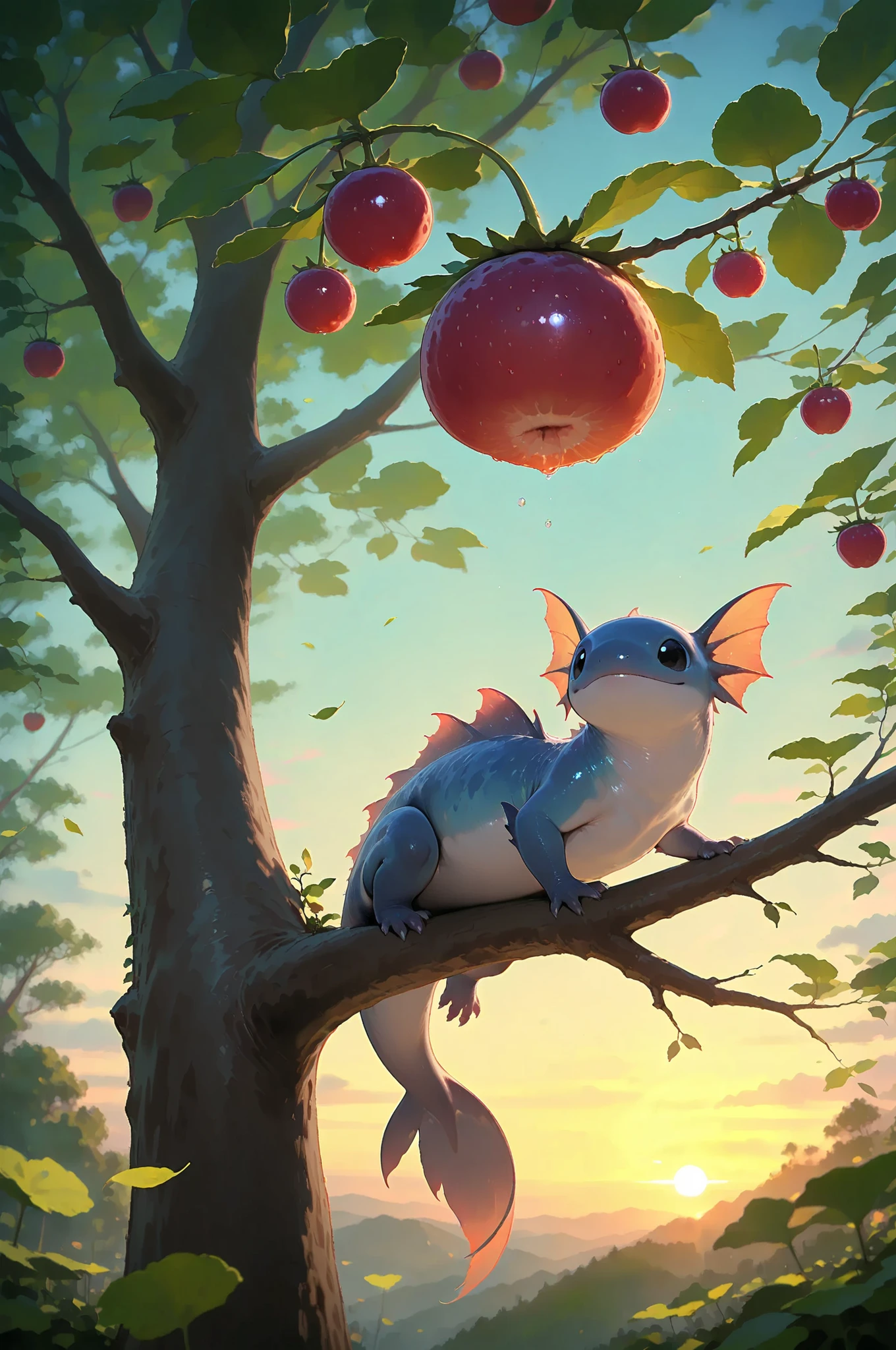 Character_Fuli, climbs a tree branch trying to get a juicy red berry with green leaves. saturated colors. Light falls through the green foliage..
masterpiece, best quality, ultra-detailed, cinematic emotional static frame, 8K UHD, extreme detail, physical-based rendering, HDR.
Unrealistic image, fantasy genre, dramatic lighting. Highly detailed digital art style, (SFW:1.3).