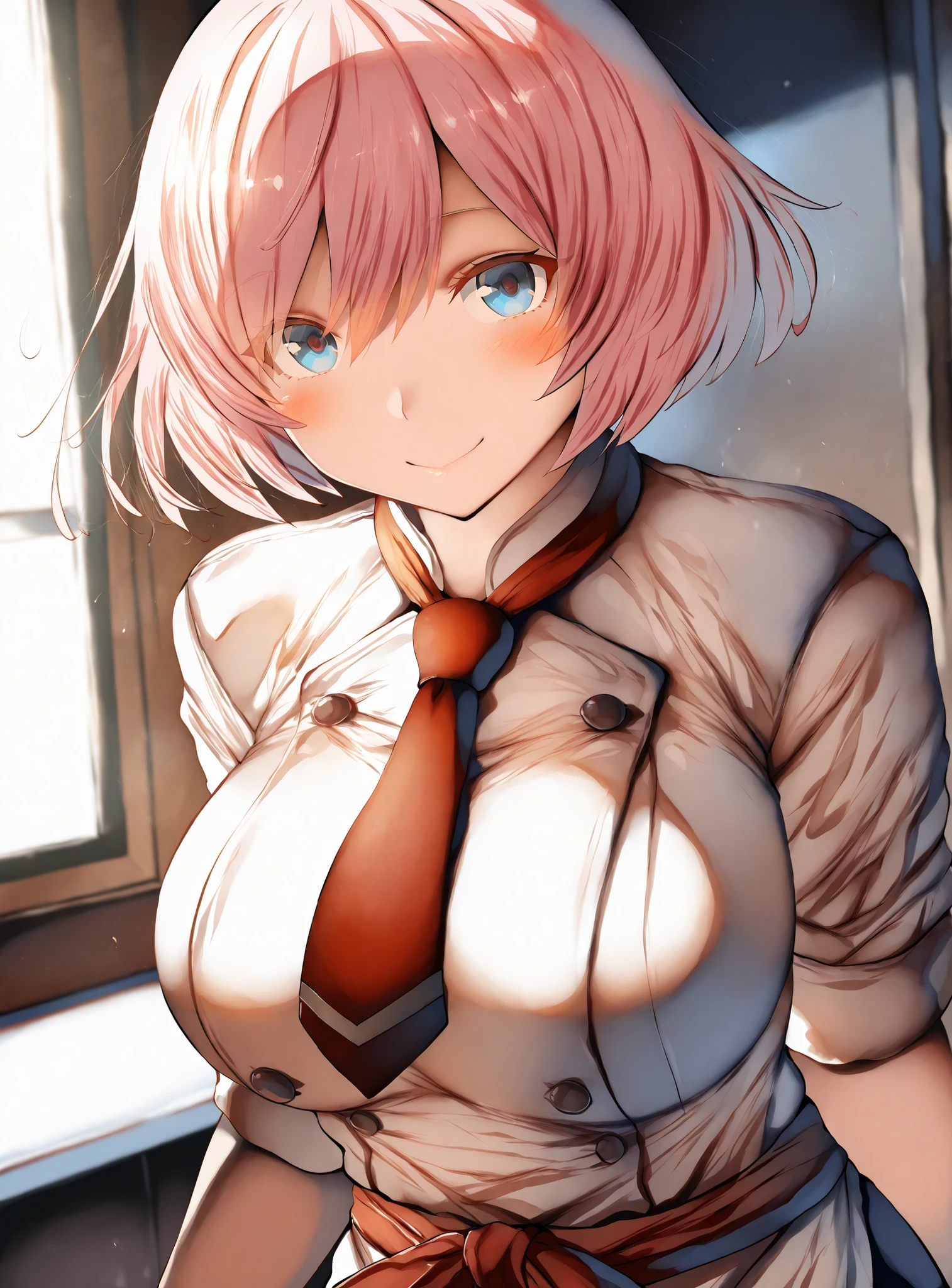 {{{Drawn of Belko}}} ,1girl ,solo, pink hair,blue eyes,short hair,red necktie,smile,looking at viewer,large breasts,Chef,