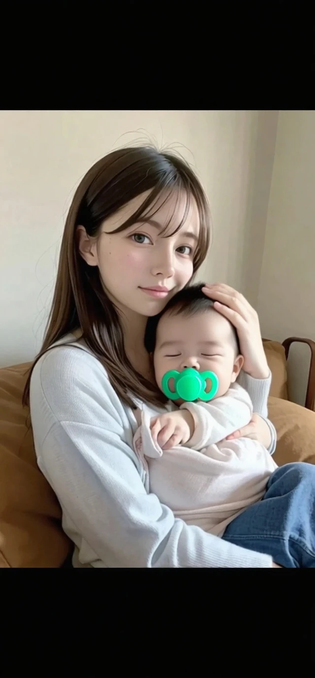 Caucasian、female、Brown Hair、Holding a baby