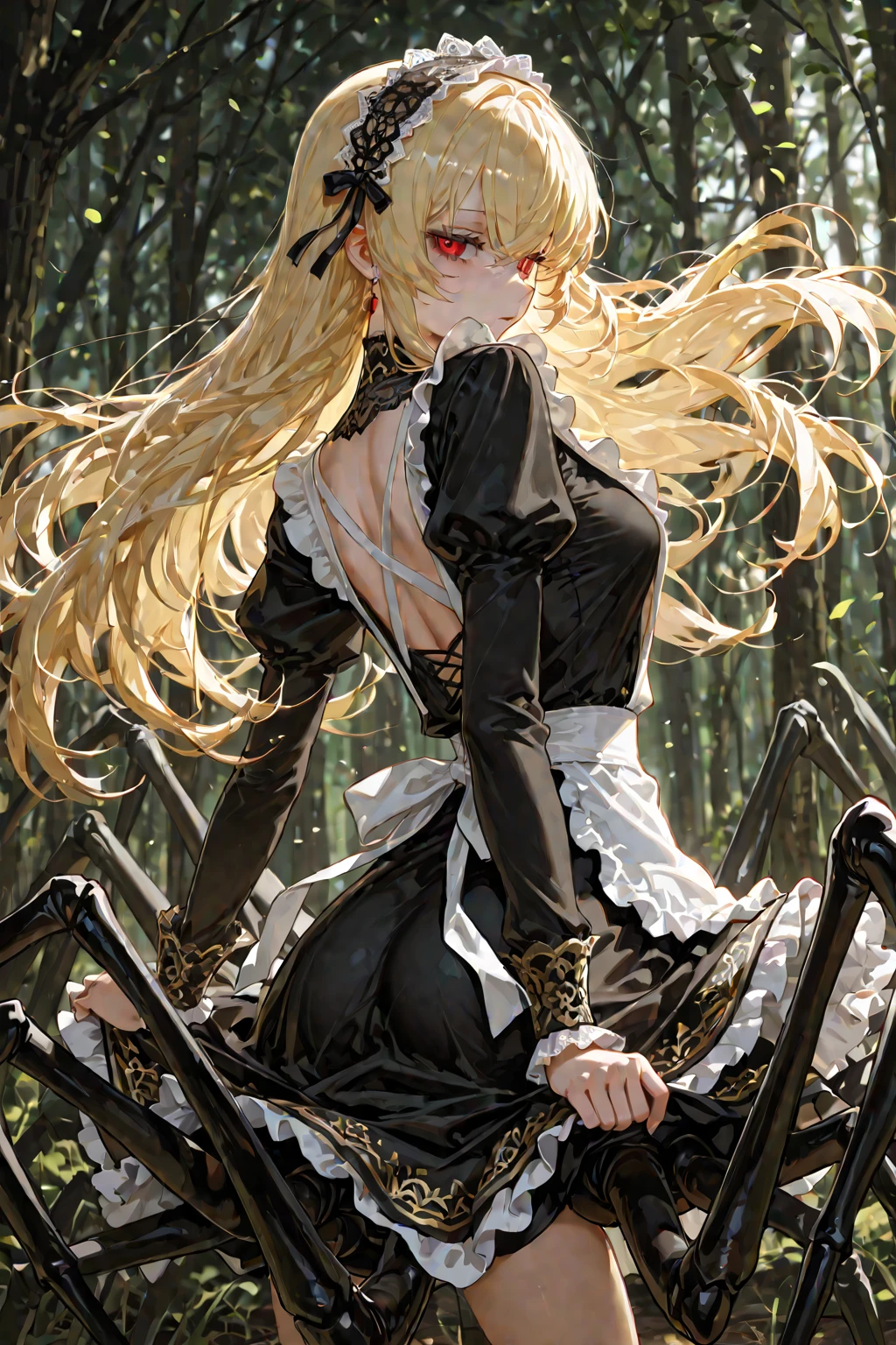 solo, female, sfw, medium shot, creamy skin, enigmatic smile, inviting gesture, red drapes, gold, luxury, silk, day, bandages, simple dress, white dress, palace, brown hair, black tarantula body, black spider legs, black spider body, large breasts, spider legs, brown hair, pedipalp, compound eyes, forest, cabin