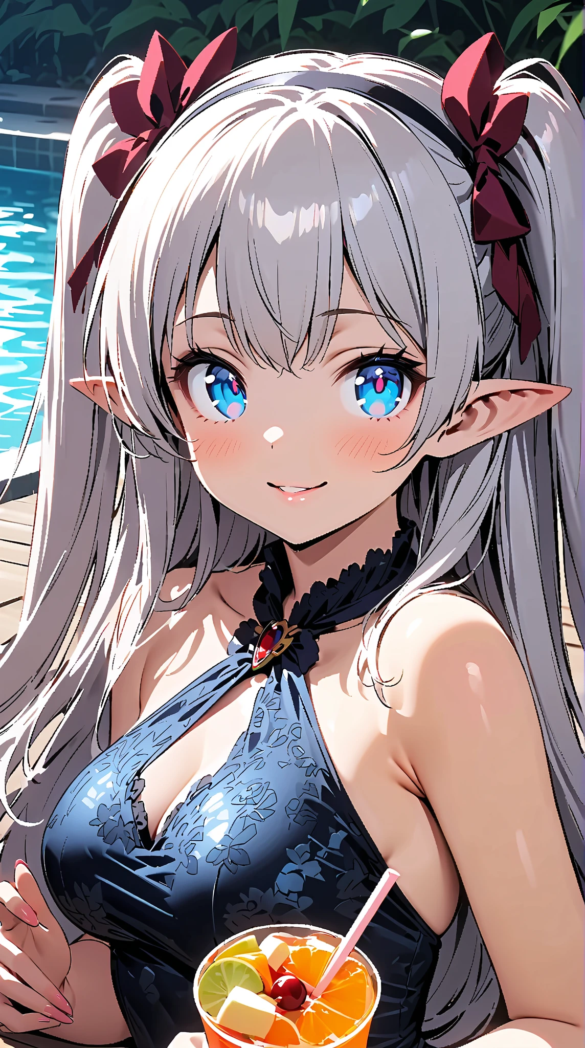((Put your hands on your face)), ((Surprised)), (Red Face), 1女の子の接写, elvish, silver hair,, Red eyes, Braided hair, bob cuts, Fantasy style costumes, swimsuits, bikinis, by the sea, Coast, Gender Change, Concept art, beautiful anime scene, beautiful anime scenery, The Highest Quality, master masterpiece, 4K