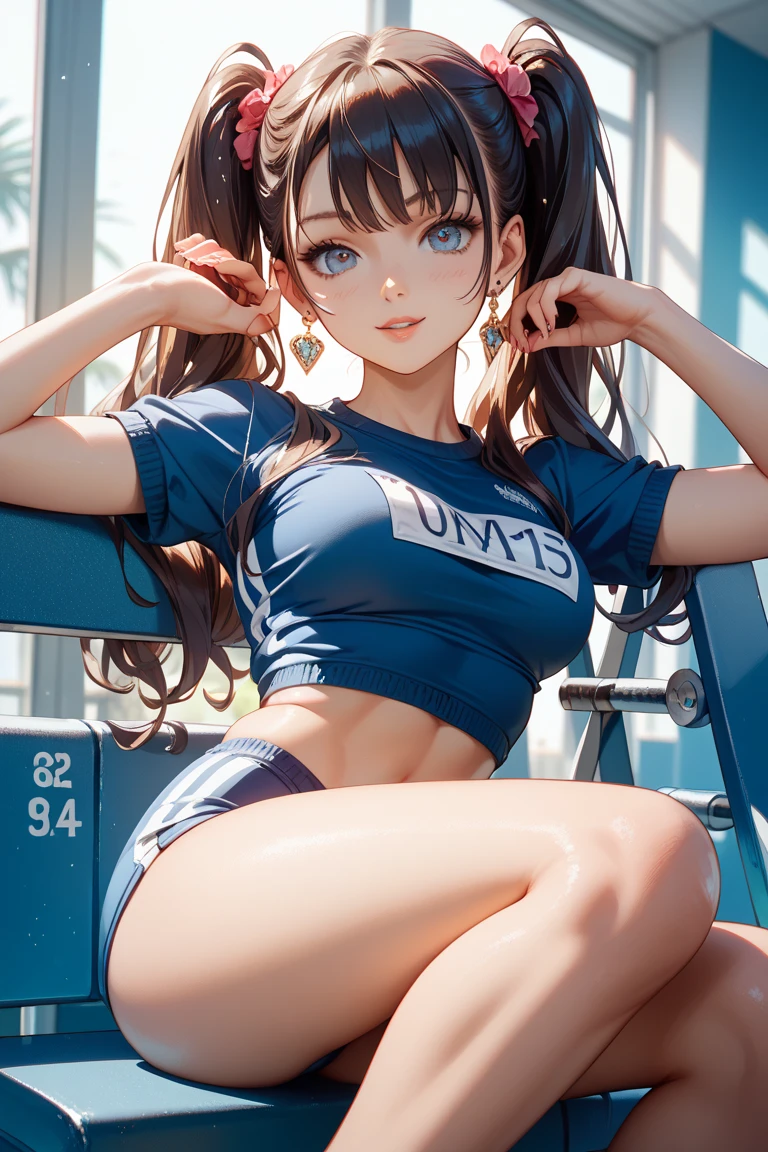 ((((perfect ???????, super detailed skin)))), 1 girl, japanese, 16 years old, volleyball player, shiny skin, watching the view, 
beautiful hair, beautiful face, beautiful detailed eyes, brown eyeiddle hair:1.4, ponytail:1.5), 
beautiful collarbones, beautiful body, Beautiful breasts, beautiful thighs, beautiful legs, babyface, mole under eye, large breasts:0.5, seductive thighs, cameltoe, 
((symmetrical clothinetallic, sleeveless, volleyball uniform, buruma)), 
smile:1.5, sitting floor, ((((m leg, spread legeautiful scenery), morning, ((gymnasium), stadiam), 
(8k, top-quality, masterpiece​:1.2, extremely detailed), (photorealistic:1.4), beautiful illustration, natural lighting,