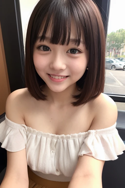 One girl, short hair,Black Hair,smile,Inside the room, summer,navy blue,Tank top,Bed,Standing,Innocence,cute,Baby Face,6th grade elementary school,A small cleavage on the chest,Look here,transparent, (masterpiece, Highest quality), Soft Light, Structure of the film, Like a movie