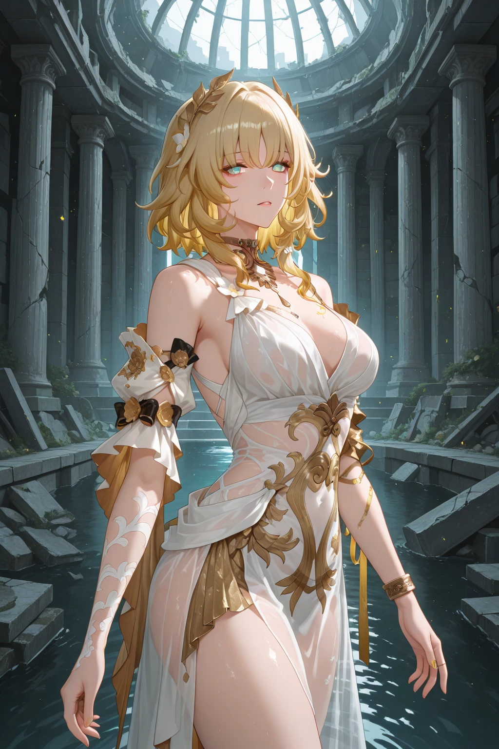 (close up) (adult woman:1.4) (nude:1.1) (topless) (elaborate beautiful dress:1.1) (very short dress:1.5) (from above) (butt visible:1.2) (golden halo) golden chain choker, night, mood lighting, Absurd, Perfect Anatomy, performance, Good lighting, Shadows in the movies, large breasts, large butt, thin waist, Long HAIR, light brown HAIR, (loving look:1.4), original HAIR style, Dynamic Angle, (detailed face:1.3) (dynamic lighting:1.5) (gold leaf bracer on arms) (elaborate gold necklace) (gold leaf face piece) in beautiful night garden