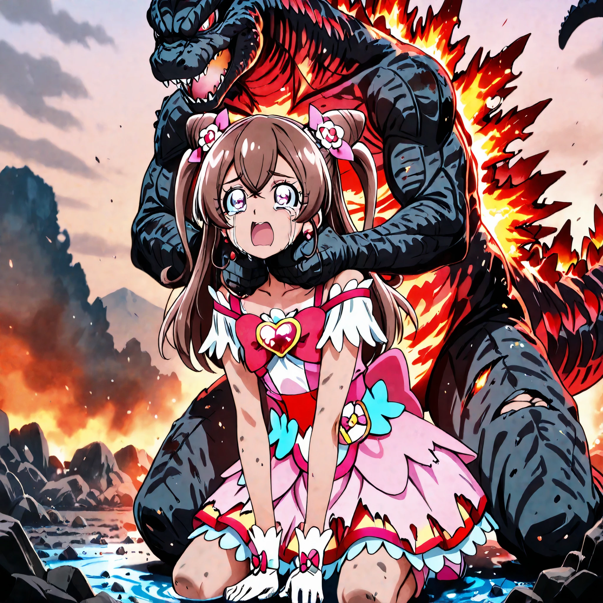 software,(masterpiece),(top quality),high score,Hi-Res,unbelievably absurd,anime screencap,pastel colors,anime,glossy skin,no background,
Proportionate upper and lower body structure,
character 1:Location:B3, nagomi yui ,Yui Kazumi,Pretty Cure costumes, Pretty Cure Costume,
battle costでme, (dirty clothes:1.4), (torn clothes:1.4), (Damaged clothes:1.4), red body,
eyes with unbelievably open pupils, highlights of the eye have disappeared, incredibly detailed beautiful student,
beautiful maroon hair with incredible detail in inj, extremely detailed and beautiful jewel, I'm wearing a burnt dress
With semi-long bob hair that reaches the shoulders、hair tips are curled,
1girl ,1godzilla, 1 girl and 1 Godzilla
I'm breaking down crying,A face of despair,Pale face , The pupils are wide open,falling off my shoulder,kneeling,I'm shivering all over my body with fear,Crying out loud,Screaming high in the sky,Panic and distraught,I'm being driven into holding my own head,My eyes are open in despair, My whole body is bloody, I'm reaching out and asking for help
Character 2:Location:D3, burning godzilla, godzilla (series), bioluminescence, kaiju, jaw, scales, spikes, spines, tail raised, outdoors, seductive smile, embers, sharp teeth, evil smile, burning body, hands on another's neck, cowboy shot, partially submerged
