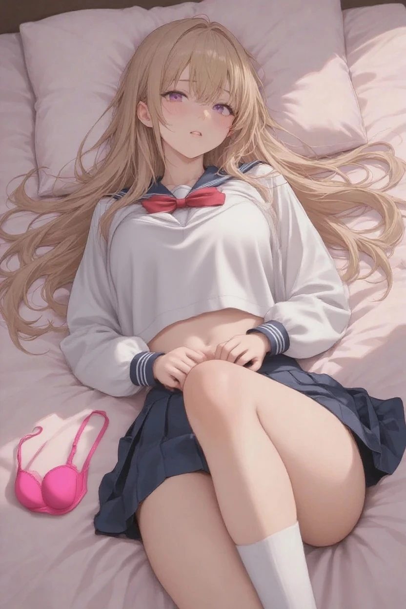 muste piece、masterpiece、highest quality、Super detailed、High resolution、8K portrait、High definition CG of Unity 8k wallpaper、cute type little:1.5、Lori:1.5、Highly detailed CG unity 8k wallpaper、Realistic、real person、 portrait photography、shiny skin、High definition、(16 years old:1.2)、(1 girl)、beautiful clear eyes、extremely detailed description、delicate face、nice lips、slender body、(thin waist)、thin legs、(bed room:1.6)、1 girl, cute type, perfect face, seriously, (blush:1.8),(Blonde Ponytail:1.3),(big breasts:1.3),((school uniform:1.3)),((up skirt panties visible:1.8)),(looking at view),(from front),(disapproval face:1.5),(standing:1.2)
