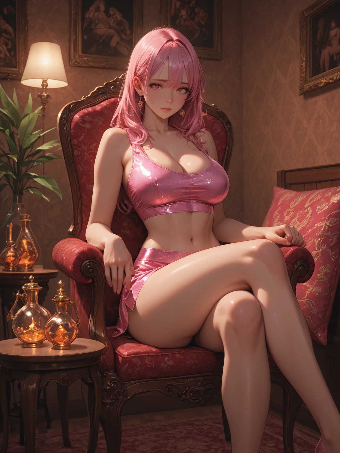 8k, high resolution, masterpiece, illustration, extreme details, masturbation, x-rated, sexual addiction, illicit, explicit, porn, erotic, kinky, nsfw, nude, adult, mature, pink short hair, blue eyes, large breast, sexy, slim, spread legs wide, open legs, exposed breast, blushing, laughing, happy, exposed large nipples, exposed pussy, modeling, playboy magazine, red skimpy clothes, no underwear, aristocrat, rich, elegant, majestic, goddess, divine, royalty, mansion, mascara, eyeliner