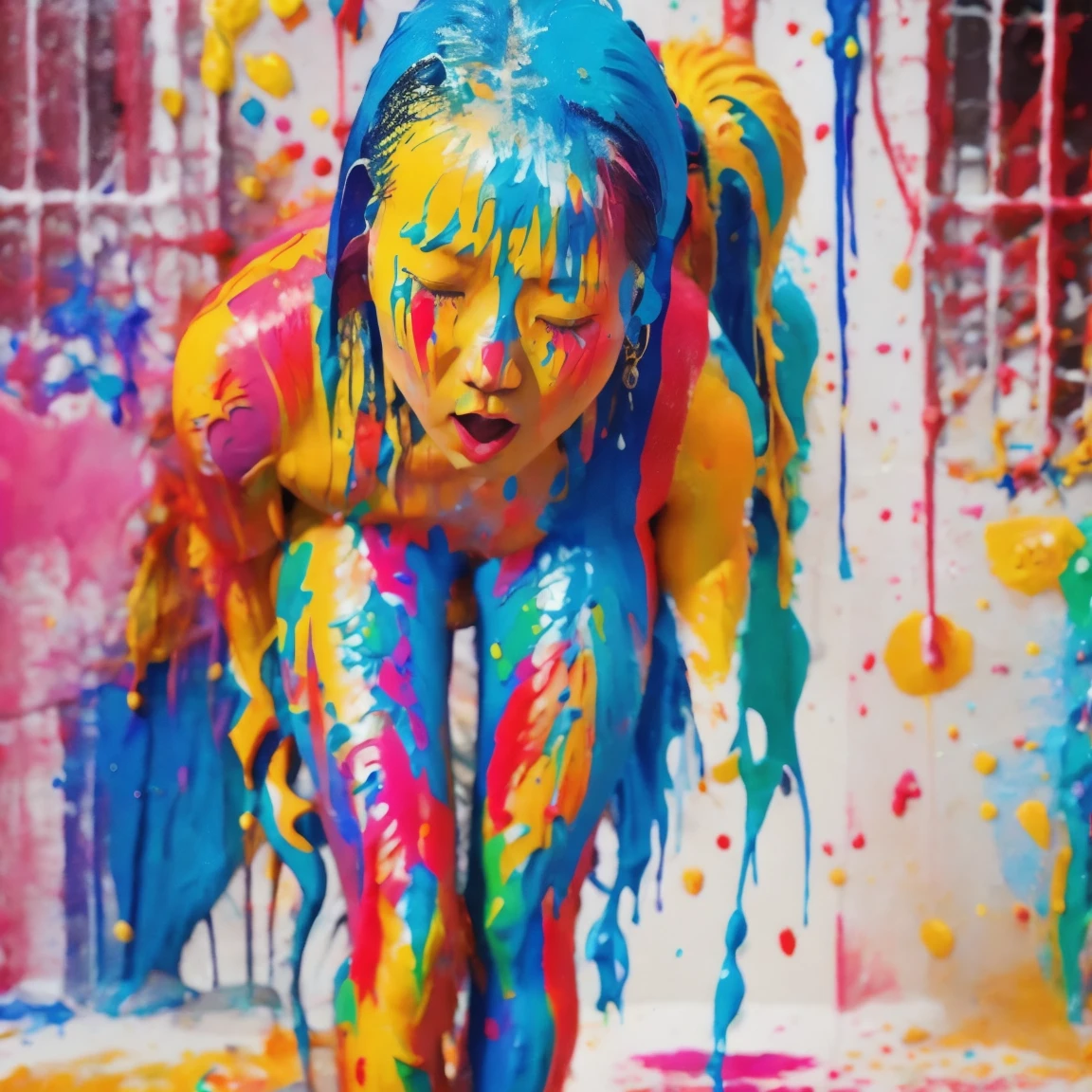 a beautiful woman gladly twirling in the raining paint, Raining a lot of ink, rainbow hair with thick dye, cos coberto de tinta, glad, ((nsfw)), woman 100% offwhite, ((Woman with open legs mostrando a vagina para a câmera)) calm facial expression, chilled out, ((lots of liquid paint running down the woman'cos)), ((front view of woman)), ((very tiny breasts, chilled out face, chilled out shoulders)), mulher de cos magro, mulher de cos magro, ((dynamic pose)), ((bare woman, Unclothed)), ((Woman with open legs)), ((woman focus'open-legged hip)), ((tinta linguiça offwhite esguichando da vagina da mulher)), liquids, Anatomically correct, both arms visible, offwhite background with raining paint, em uma sala offwhite cheia de tinta escorrendo