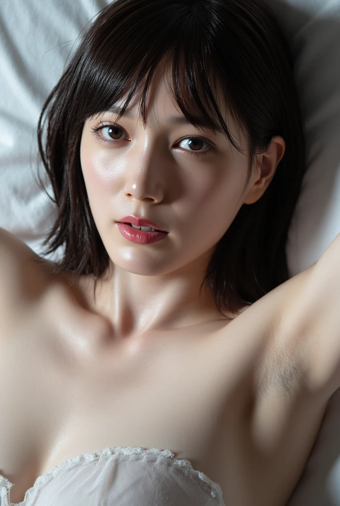 1 girl, Idol, photograph, clavicle, Depth of written boundary, skin texture , greedy look, medium straight hair, messy hair, whole body, bed, have sex,spread your legs,cover, violently, spring, Japan