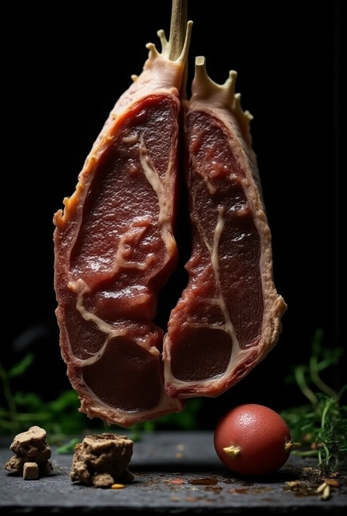 Close-up of raw meat in a wooden box, super realistic food picture, meat with veins, covered in organic flesh meat, [ Realistic photo ]!!, goat body, hegre, Flesh veins, lamb and goat fused as one, hyperrealistic anatomy, pork meat, human lamb hybrid, Meat, ( Ultra photo realsisim, Ultra-Realistic Illustrations, hyper-realistic illustration