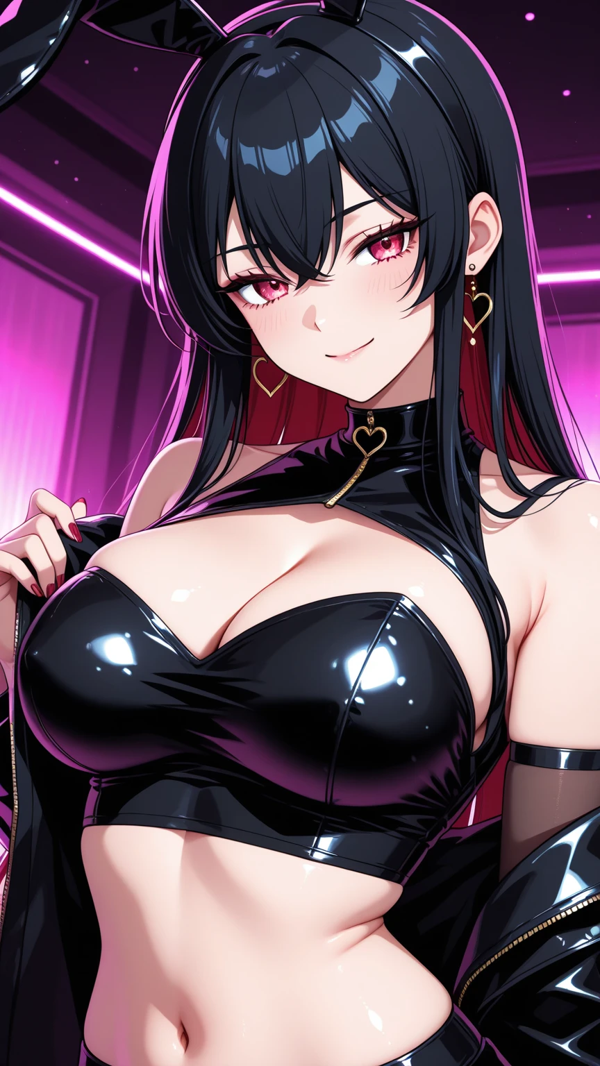 sexy anime girl, komi shouko, cute face, big bust, redpink hair, spacebun hair, purple eyes, black latex bra, showing cleavage, black latex skirt, fishnet tights, black choker, holding whip, perspective from below, pov below, ambient lighting