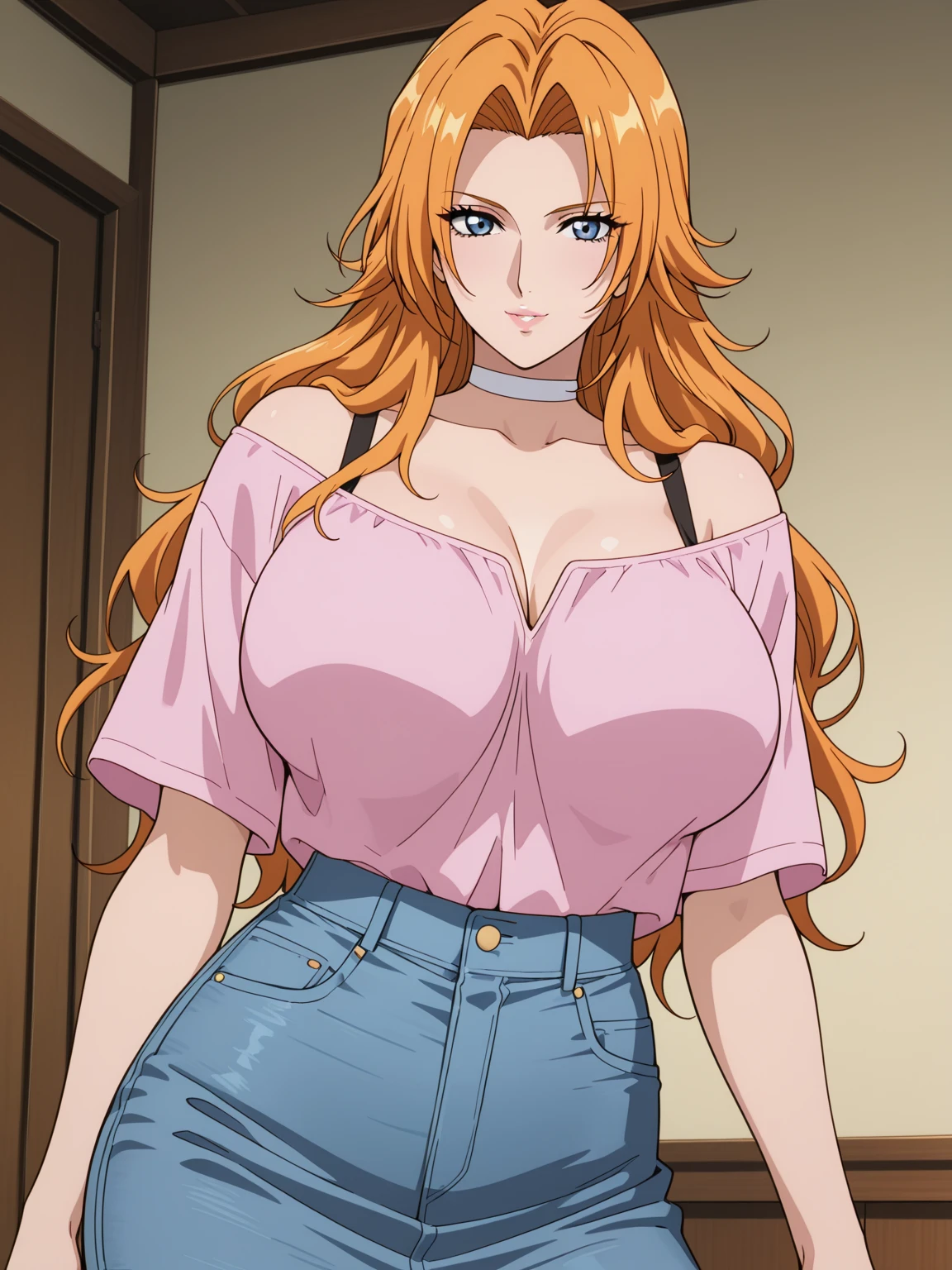 A girl with big breasts, long curly orange hair, brown eyes, wears a leather vest with a violet zipper and navel, wears a long pink Hawaiian skirt.