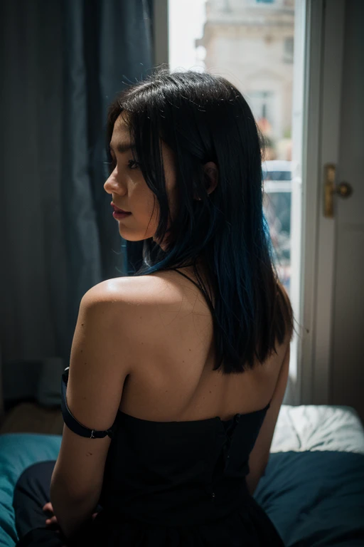 high detail RAW color photo of a stunning 30 year old woman, (high detailed skin), low angle, from behind, [(modelshoot style:1.4), (dynamic pose:1.5)], ([Full Body]), (showing open legs), [(vivid bright blue eyes:1.3)], [(short black and blue hair:1.3), (box bob style haircut:1.3)], [(red lipstick:1.1),hands are pulling down tube top showing perfect breasts, (mini skirt underwear showing), (in a bedroom), (low lighting), (white wall in the background)), (8k, best quality, masterpiece:1.2), (realistic, photo-realistic:1.37), professional lighting, photon mapping, physically-based rendering, realistic, masterpiece, best quality, ultra high res, (photorealistic:1.4), highres, detail, best quality, hyperdetailed, 4k,