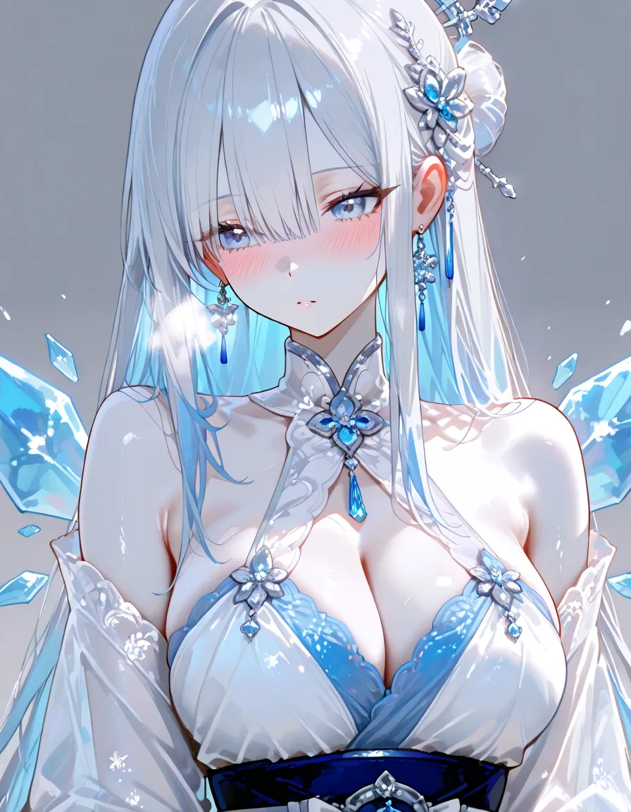 (((masterpiece))),best quality, illustration,(beautiful detailed girl),beautiful detailed glow,detailed ice,beautiful detailed water,(beautiful detailed eyes),expressionless,beautiful detailed white gloves, (floating palaces:1.3),azure hair,disheveled hair,long bangs, hairs between eyes, (skyblue dress),black ribbon,white bowties,midriff,{{{half closed eyes}}},,big forhead,blank stare,flower,large top sleeves,(((ice crystal texture wings)))