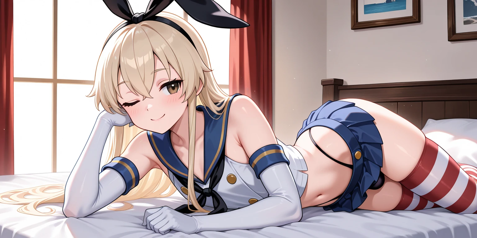 {Safety:1.10}, highest quality, masterpiece, High resolution, alone, {shimakaze_Fleet Collection:0.90}, ((whole body、Sexy pose、On the bed、On all fours))