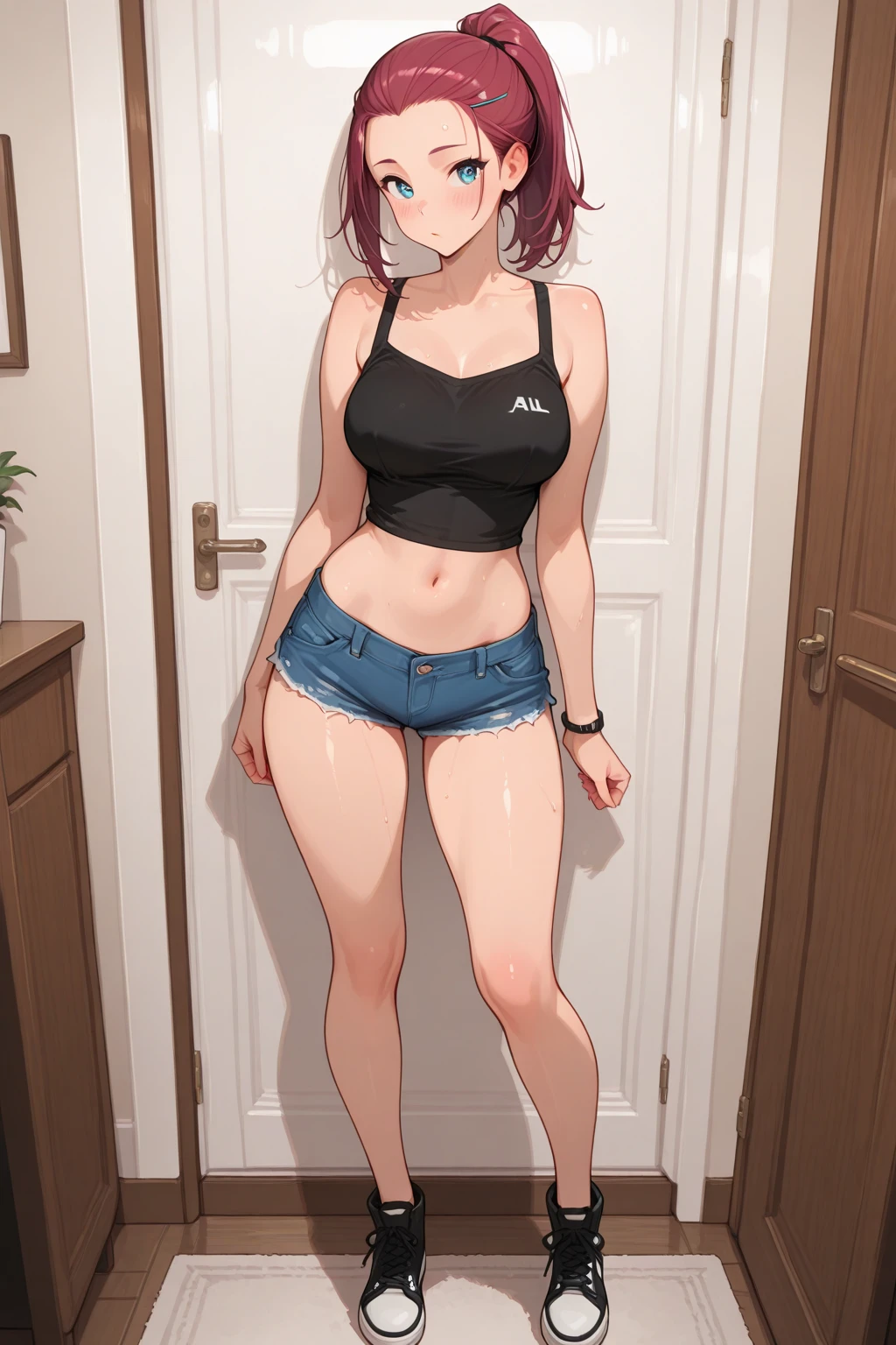 Girl leaking urine Light blue sports shorts Lying in bed blushing Shyness and embarrassment Sweating profusely Covering the crotch with one hand and putting one hand on the bed, clothes(0.2)