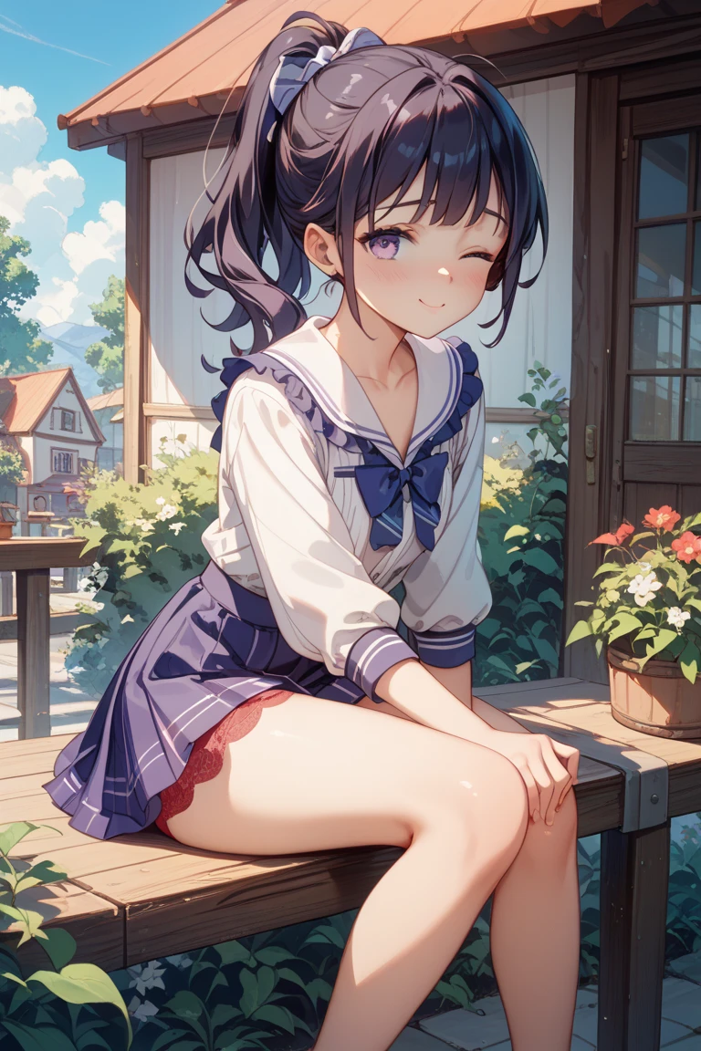smiling ((school outfit)) sitting,spring flowers.on a balcony, Should give of comfy/cozy vibes, purple hair, purple eyes, big breast, adult, , skirt