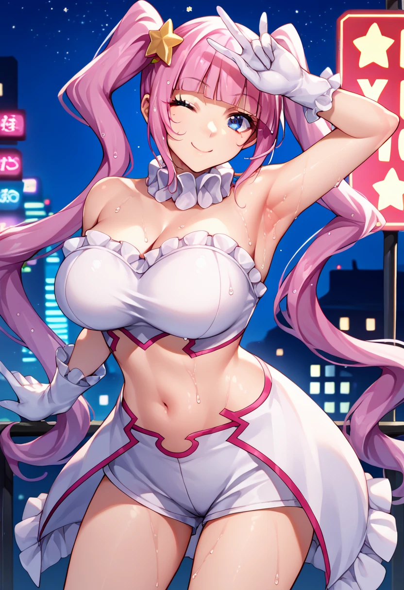 1 girl, game CG, playboy bunny, rabbit ear hair accessory, rabbit tail accessory, gigantic breasts, pink hair, long hair, ponytail, princess hairstyle, ahoge, pink eyes, close one eye, smile, indoor,