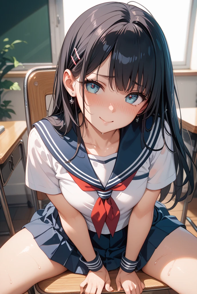 (((masterpiece, highest quality:1.3,absurdres))),cowboy shot,18 year old beauty,solo,((very small head:1.4)),ponytail hair style,long hair,blunt bangs,black hair,glay eyes,smile,blush,medium breasts,((very long body,slender body)),skinny,gleaming skin,shiny skin,   ,(School uniform、Red neckerchief、White Sailor Suit、Short sleeve、Navy blue sailor collar、Navy blue pleated mini skirt),    ,standing,classroom、Japanese School、