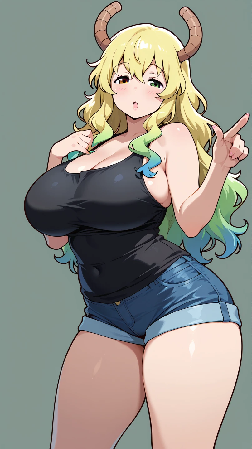 masterpiece, BREAK (lucoa) BREAK 1girl, mature female, best quality, cleavage, (huge breasts), big eyes, curvy, caustics, sunbeam, blonde hair, gradient hair, heterochromia, (yellow eye, green eye), black tank top, denim shorts, pink hat, black thighhighs, horns, !expression :o!, simple background,