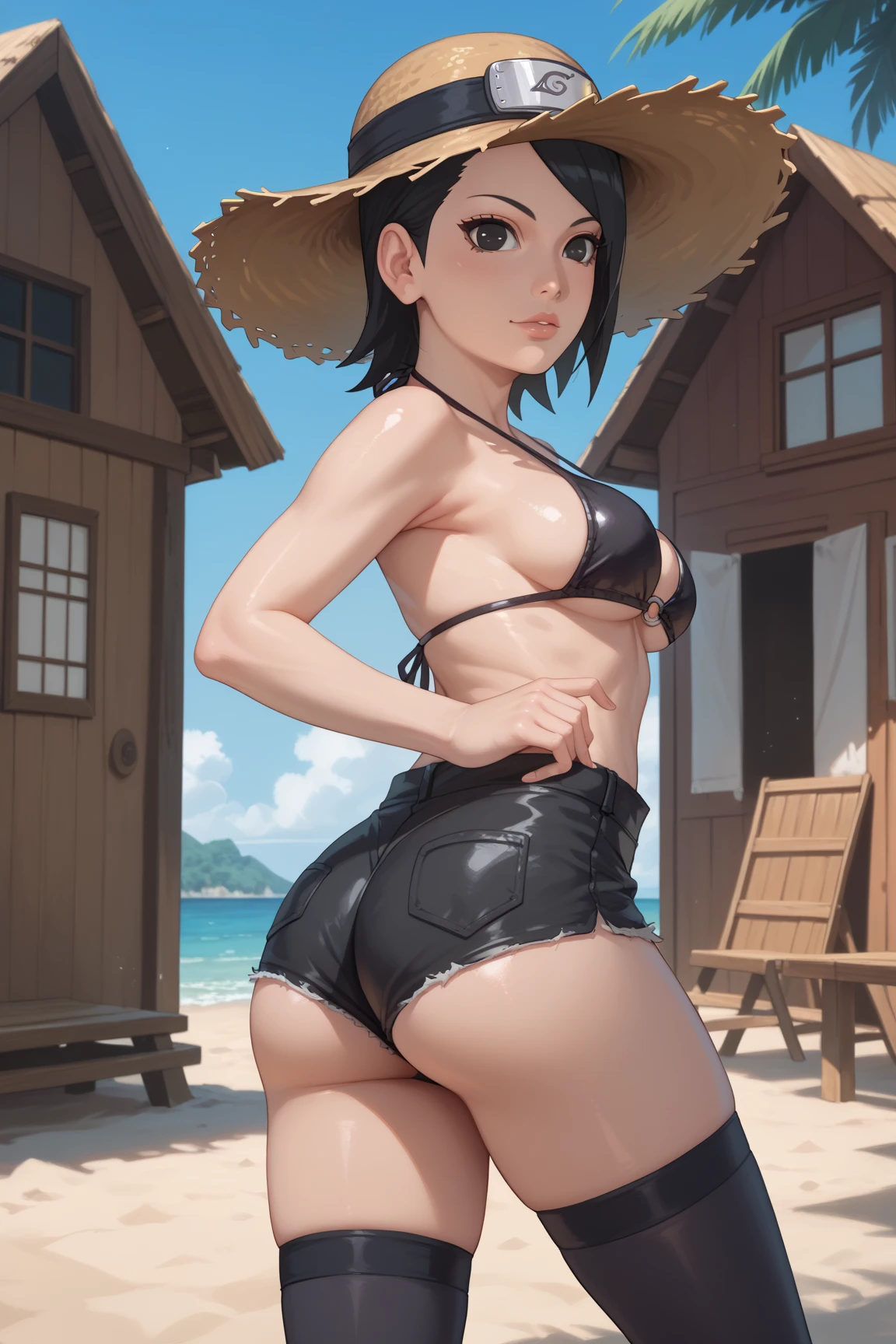 best quality, masterpiece, 1girl, solo, subaru_bikini, ass focus, from behind, close-up, looking back, ass, pussy, cleft of venus, thighs, ????, nude, short hair, bow hairband, embarrassed, nose blush, outdoors,