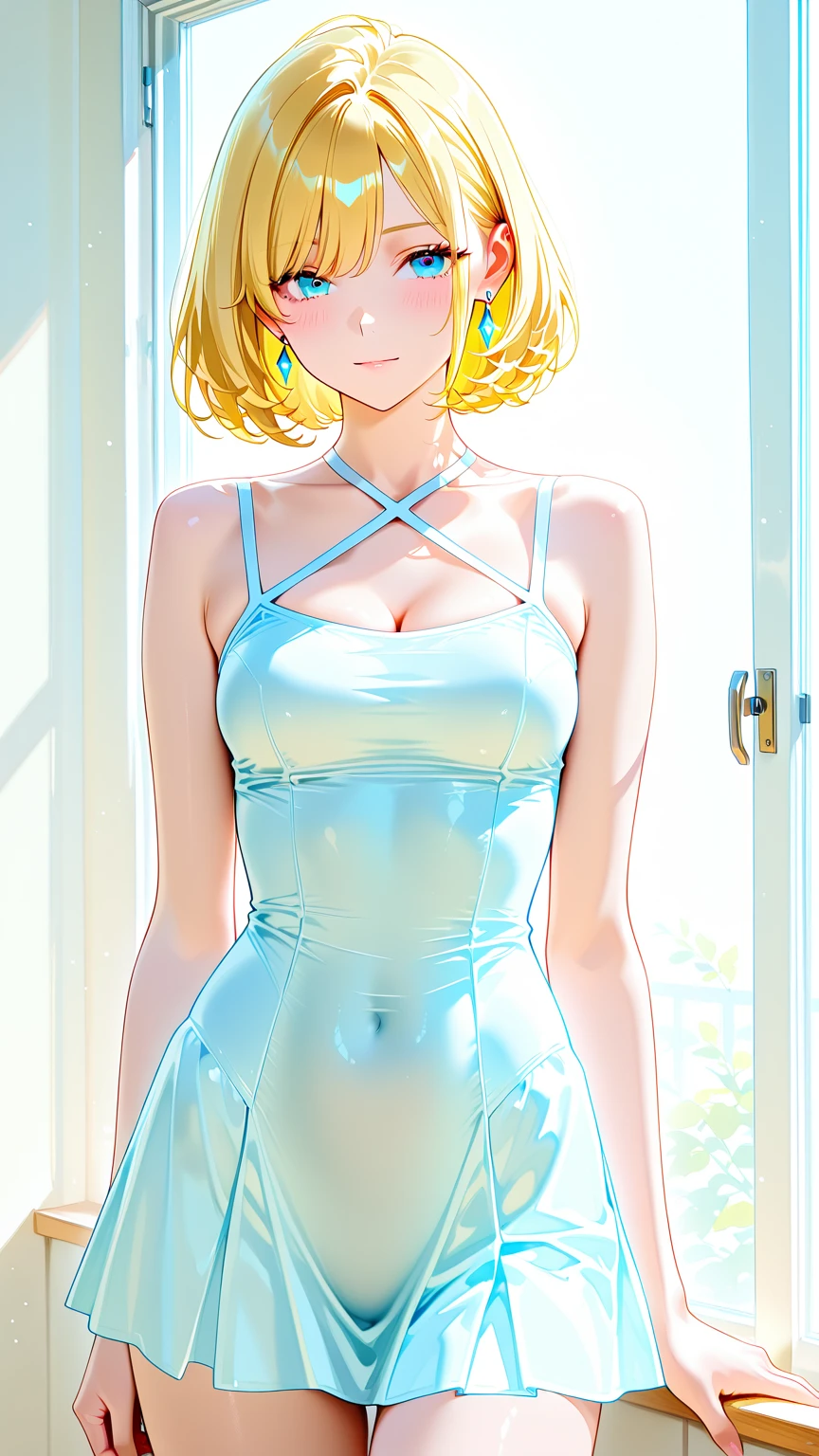 Beautiful 13y old young girl with short straight blonde hair with blue eyes wearing Tight And Short Dress, Sexy Criss Cross Mock Neck Short Sleeves Dress, luxurious jewelry and a luxurious necklace, standting in her fiiting room at night, (caucasian skin), (light brown lipstick), (elegant mascara), (slim body), (small breasts), (wide hips), midjourney, <lora:GoodHands-, <lora:GoodLegs-, <lora:GoodEyes-, UHD, high resolution, (expressive eyes, perfect face, full body, expressive face, perfect body, perfect pussy, athletic, fit, slim body, blushing, Perfect makeup, eyeliner, beautiful eyelashes, smiling, horny face), ((best illumination, best shadows)), ((sexy pose))