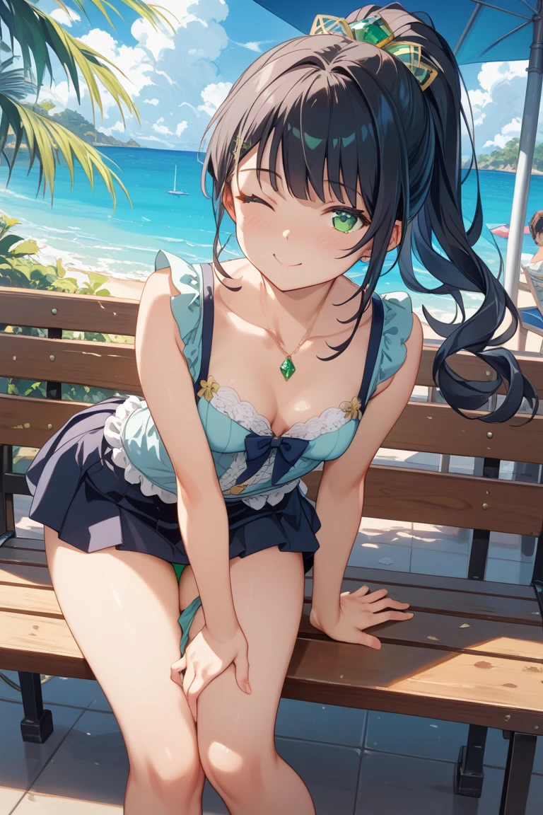 masterpiece, best quality, highres, mlpdash, colored skin, blue skin, rainbow hair, purple eyes, office outfit, white shirt, black skirt, heels , <lora:mlp_rainbowdash:1>, looking at viewer, island, palm-fringed beaches, turquoise waters, tropical , <lora:add_detail:0.3>
