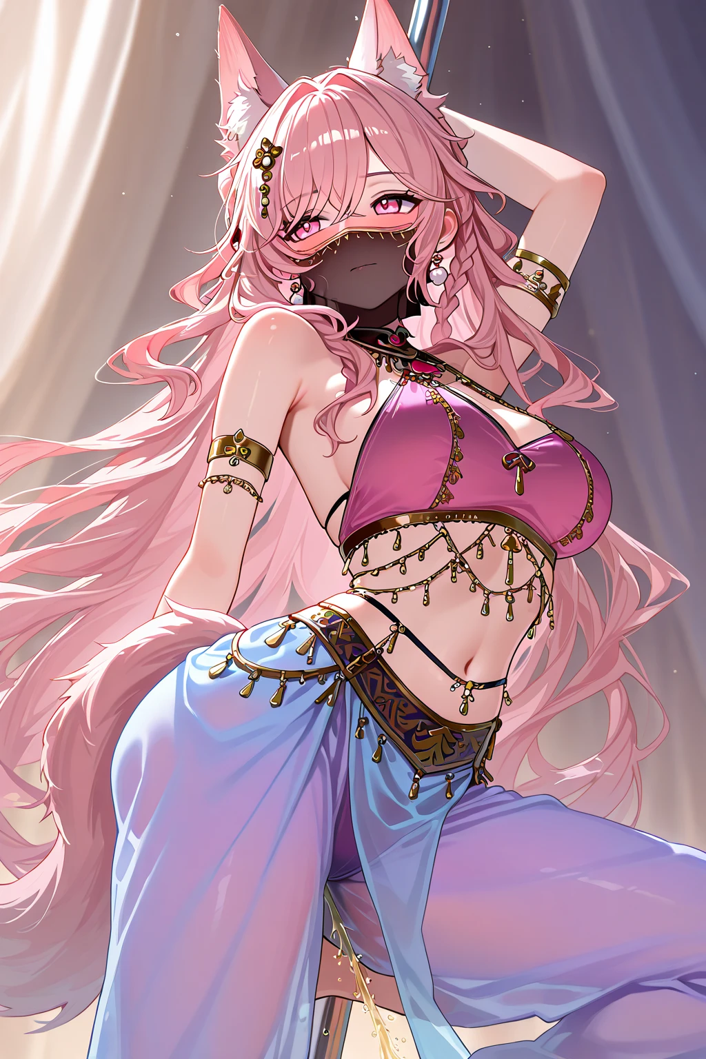 masterpiece, best quality, expressive eyes, perfect face, olivia fire emblem, pink hair, long hair, long braid, headgear, arabian clothes, bracelet, breasts, candle, circlet, cup, jewelry, navel, pelvic curtain, ring, sitting, smile, solo, arched back, dancer, arms up, standing
