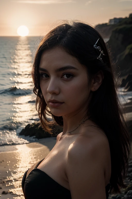 A pretty 17 year old girl with long hair with wavy bangs with a cute and pretty face on a beach looking at the horizon 