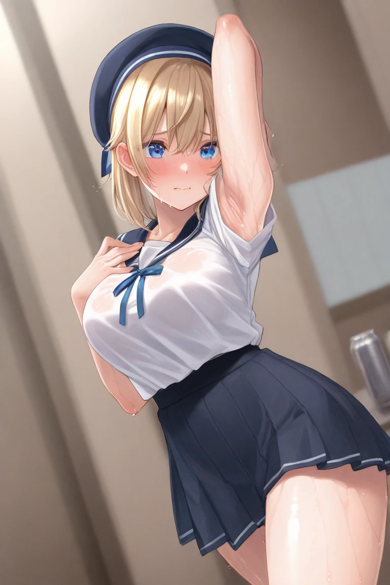 (Blonde,Long twin tails),(Very curled hair,Blue ribbon,Bright blue eyes,freckles),(mega breasts),high school girl,,(Navy Blue,Cute Sailor Uniform,Checkered Pleated Skirt),BREAK,(Lift up the skirt:1.4),(side-tie panties visible:1.3),(pubic hair:1.2),(cameltoe:1.2),(frown:1.2),(angry:1.4),contemptuous,disdain,(hate:1.4),looking down,(embarrassed,nose blush:1.3)