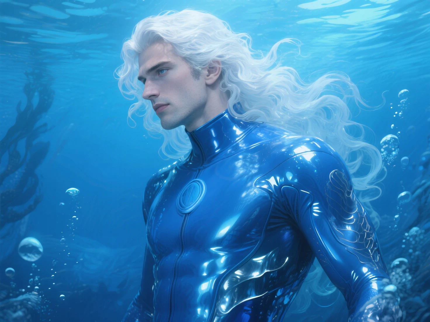 6'6 Young beautiful merman (male) with pale skin slim body and white long lushy hair and masculine dark face with long fishtail inside a water glass tank floating 