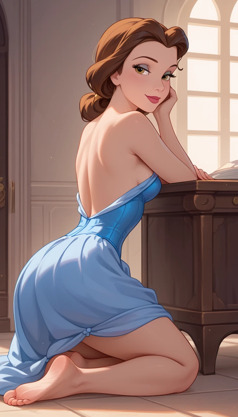 20 years old woman, Short brown hair, Mediterranean with blue eyes, Generous and heavy breasts, slender waist, estomac defini, fesses rebondies et pulpeuses, naturally curved, muscular thighs, aguicheuse, in black lingerie in the bedroom