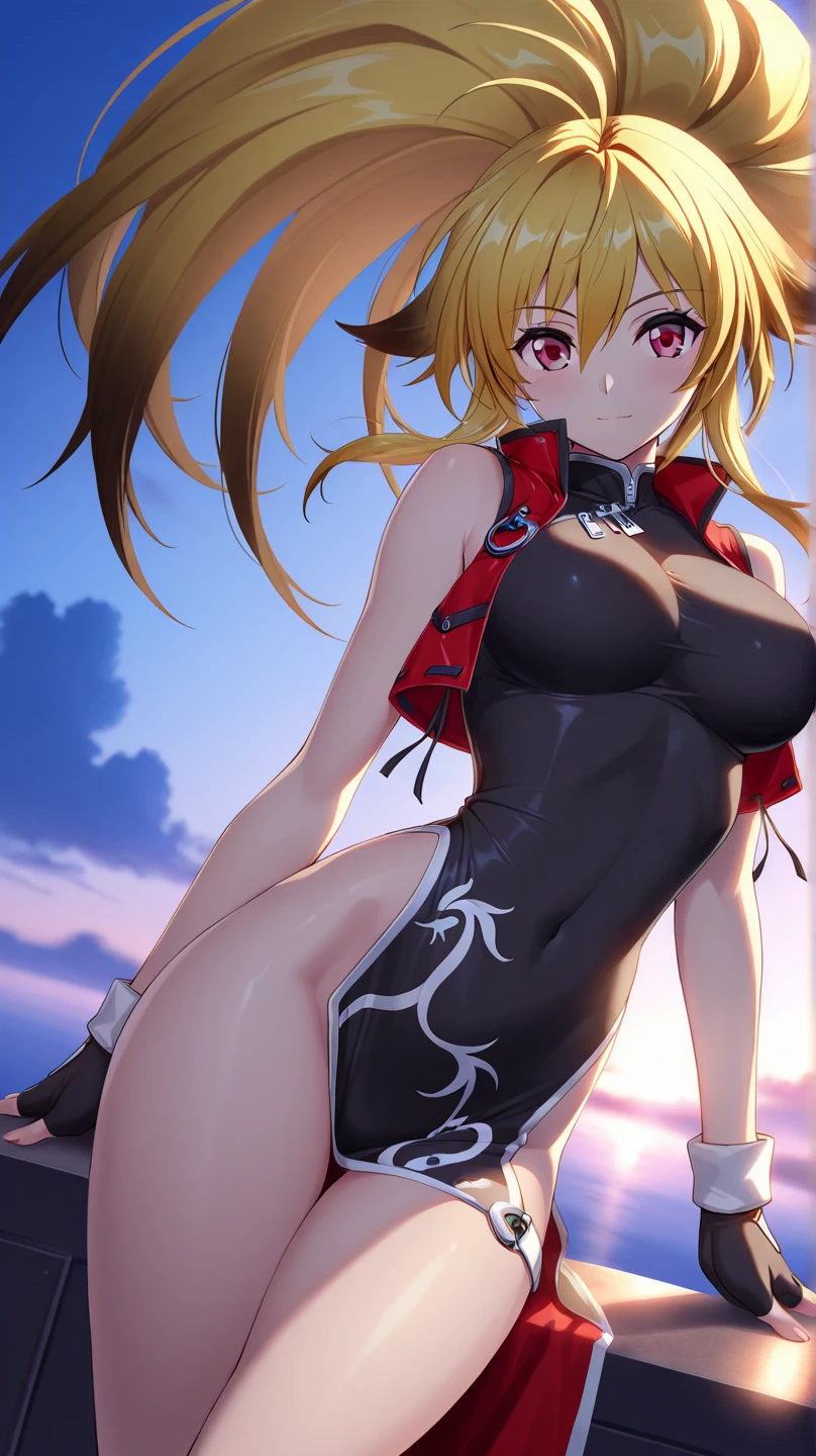 masterpiece, best quality, beautiful art, high resolution, well formed hands, body and fingers, 1 woman, solo, Lumine, grown up, adult, cosplaying as Mai Shiranui , adult, big breasted, cleavage full body, long hair, hair ribbon, gorgeous legs and, thighs, sexy Japanese clothes, hair ornament, elbow gloves, dancing seductively and erotically, turning backwards and forwards, showing her back and front, showing her butt, t back, bikini  thong, smiling joyfully, sweating ,looking at the viewer, flirting, biting her lips, beach environment 