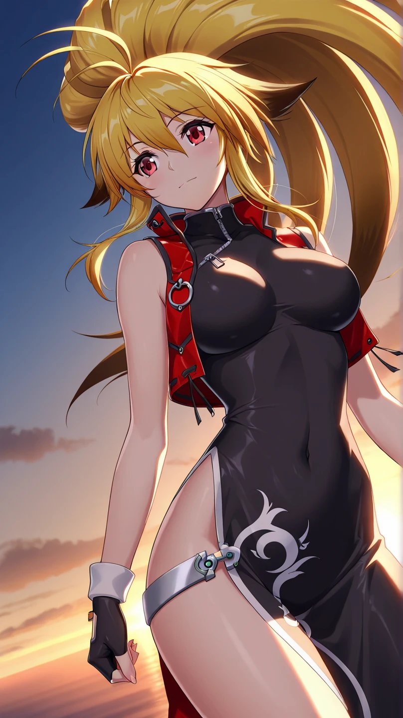 xiaomu,ahoge,yellow hair,ponytail,fox ears,chinese clothes,(black china dress,red vest), loincloth,fingerless gloves,jewelry,bracelet,smile,open mouth,middle breasts,slender,Thighs,chibi,(white panty),panty shot, (dynamic pose),masterpiece,Noise Reduction,perfect anatomy,high resolution, ultra-detailed, ultra-detailed face,game cg,dutch angle ,beautiful detailed eyes,visualart,five fingers, perfect hands, perfect lighting,