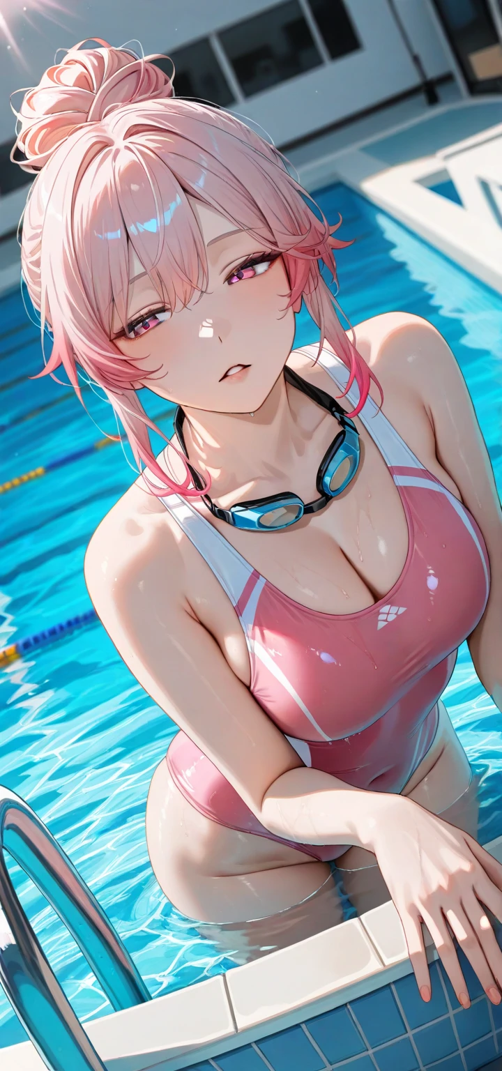 ((Top Quality)), ((Masterpiece)), ((Detail)), Perfect face, Perfact bodty, sitting on the swmming pool, listening to music, wearing headphones, wearing swimsuits, swimsuits are transparent, legs open Sitting wide open, wearing tight clothing (yes, buttocks and breasts are exposed). I see a face, one women