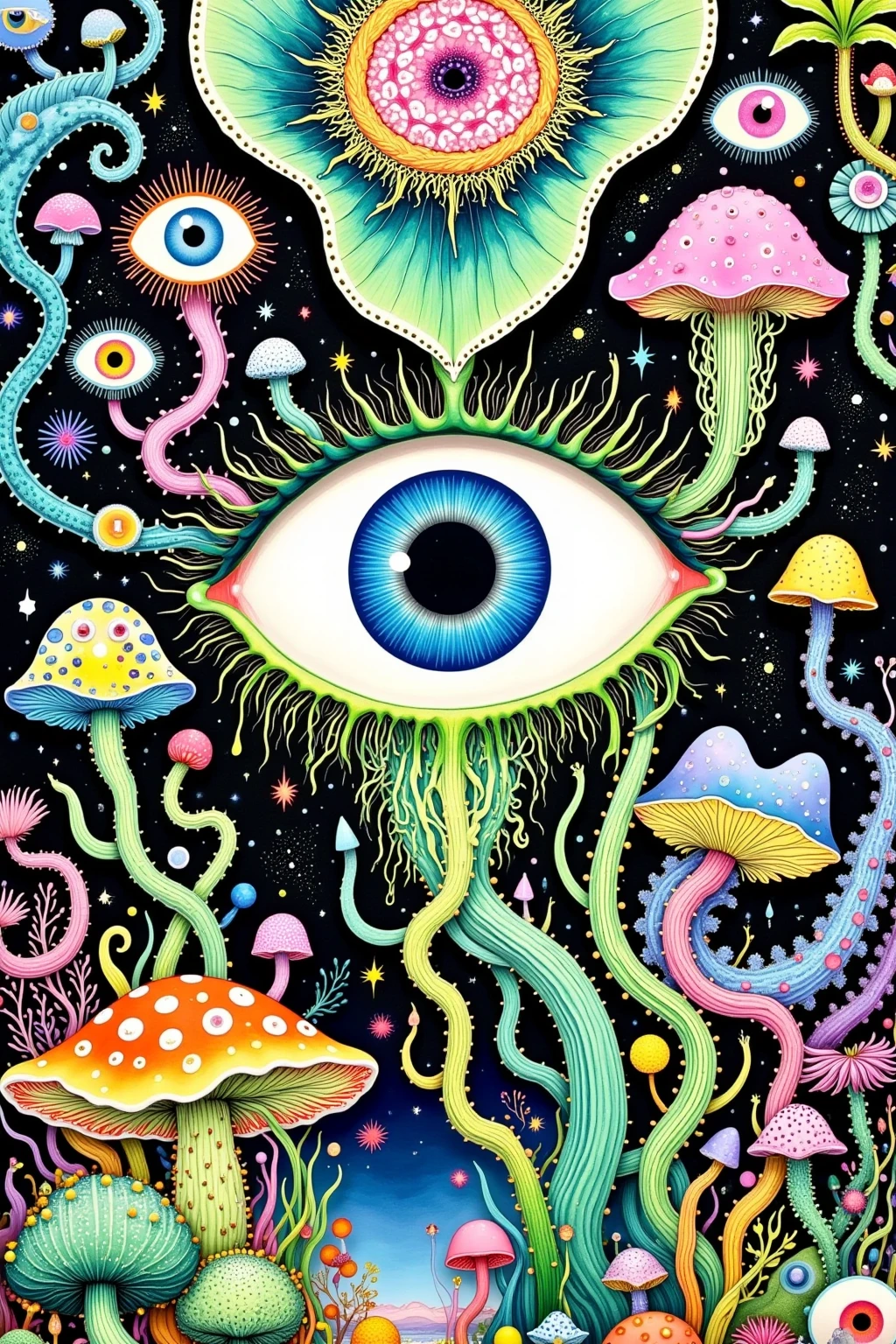 Appearance creatures,plant,bacteria,Spore powder,Eye、Starry Sky,Stitching together an abstract painting,Describing the inner world of autistic people,Sense of space,White Space,interesting,Innocence,Psychedelic Art,Pink theme