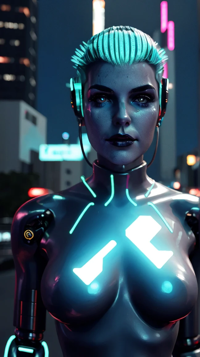 Beautiful female android, model-like body, glowing eyes, metallic body, shiny smooth surface, background reflected on body surface, blue-black body, downtown at night, neon sign, raining, cyberpunk cityscape, blur background, emphasize outline of person,